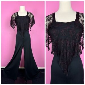 Vintage 1970s 70s Black Lace Flutter Sleeve Polyester Knit Bell Bottom Jumpsuit